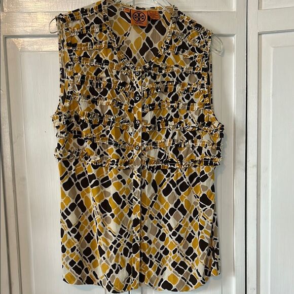 Tory Burch 100% Silk Yellow and Black Ruffled Sleeveless Blouse - Size 10 - Picture 1 of 8